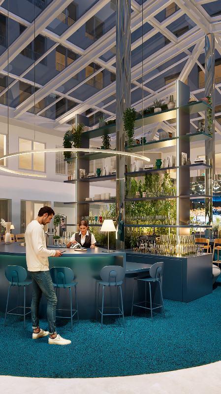 Vue panoramique du coworking dans l'atrium